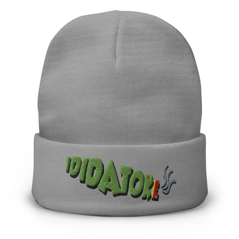 Gray cuffed beanie with green embroidered IDIDATOKE lettering