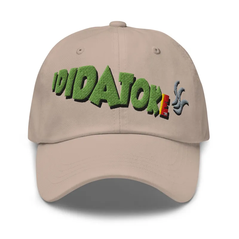 Khaki dad hat with green embroidered IDIDATOKE lettering