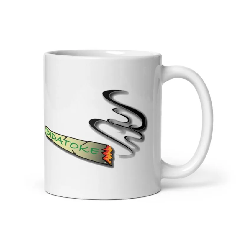White mug with the IDIDATOKE joint and smoke design