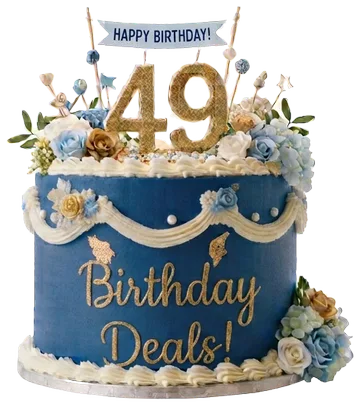 Blue birthday cake reading Birthday Deals!